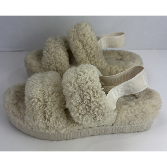 Ugg Oh Fluffita Sherpa Platform Sandals Natural Beige Sheepskin Size 11 Slides - Picture 13 of 16